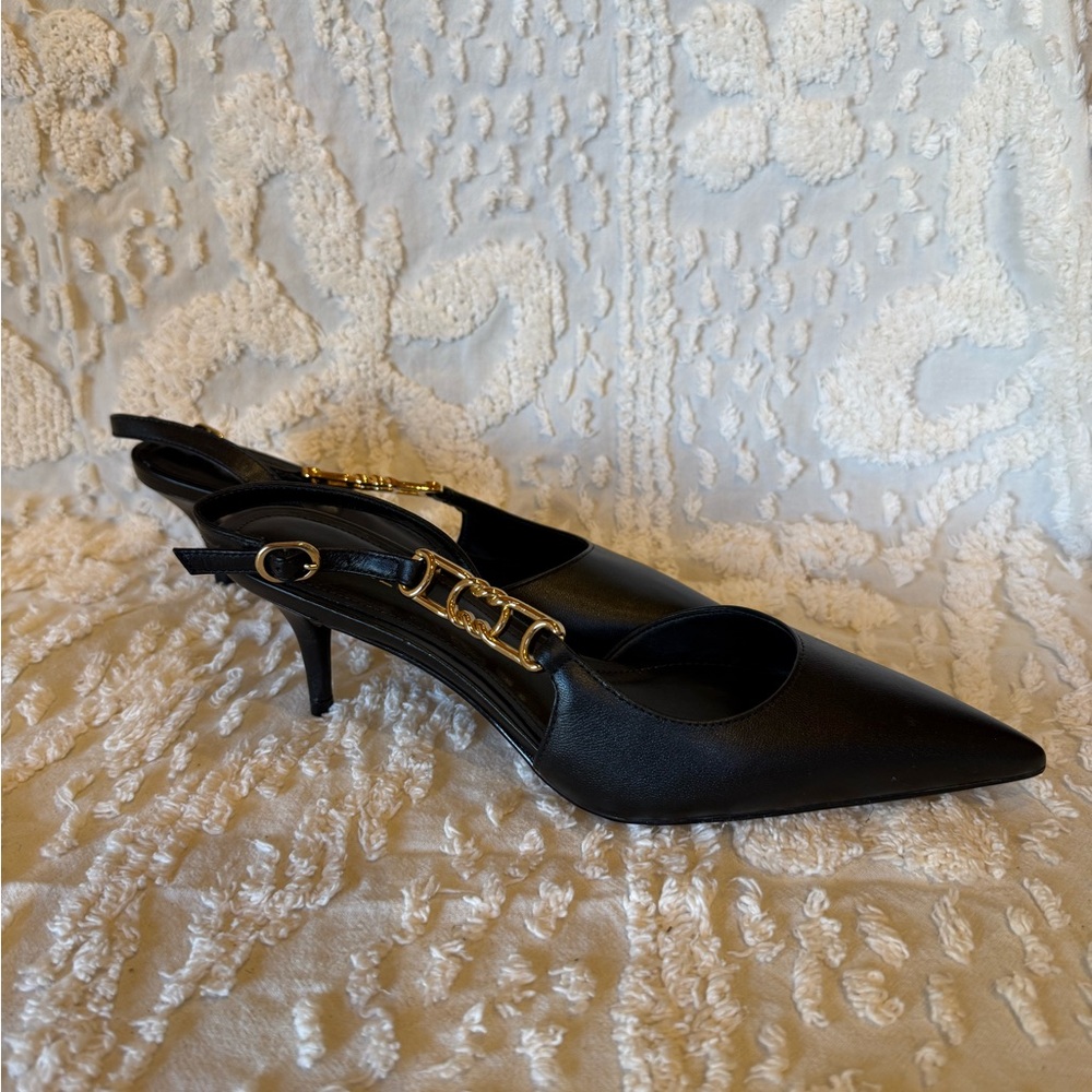 Black Pointed Slingback Heels with Gold Chain Detail #539 - Picture 3 of 4